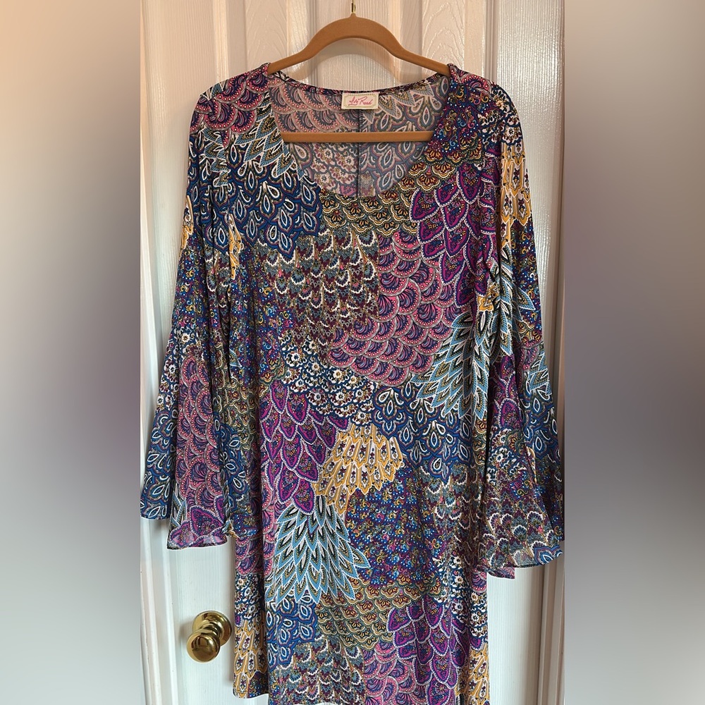 Purple and Blue Graphic Long Sleeve Dress